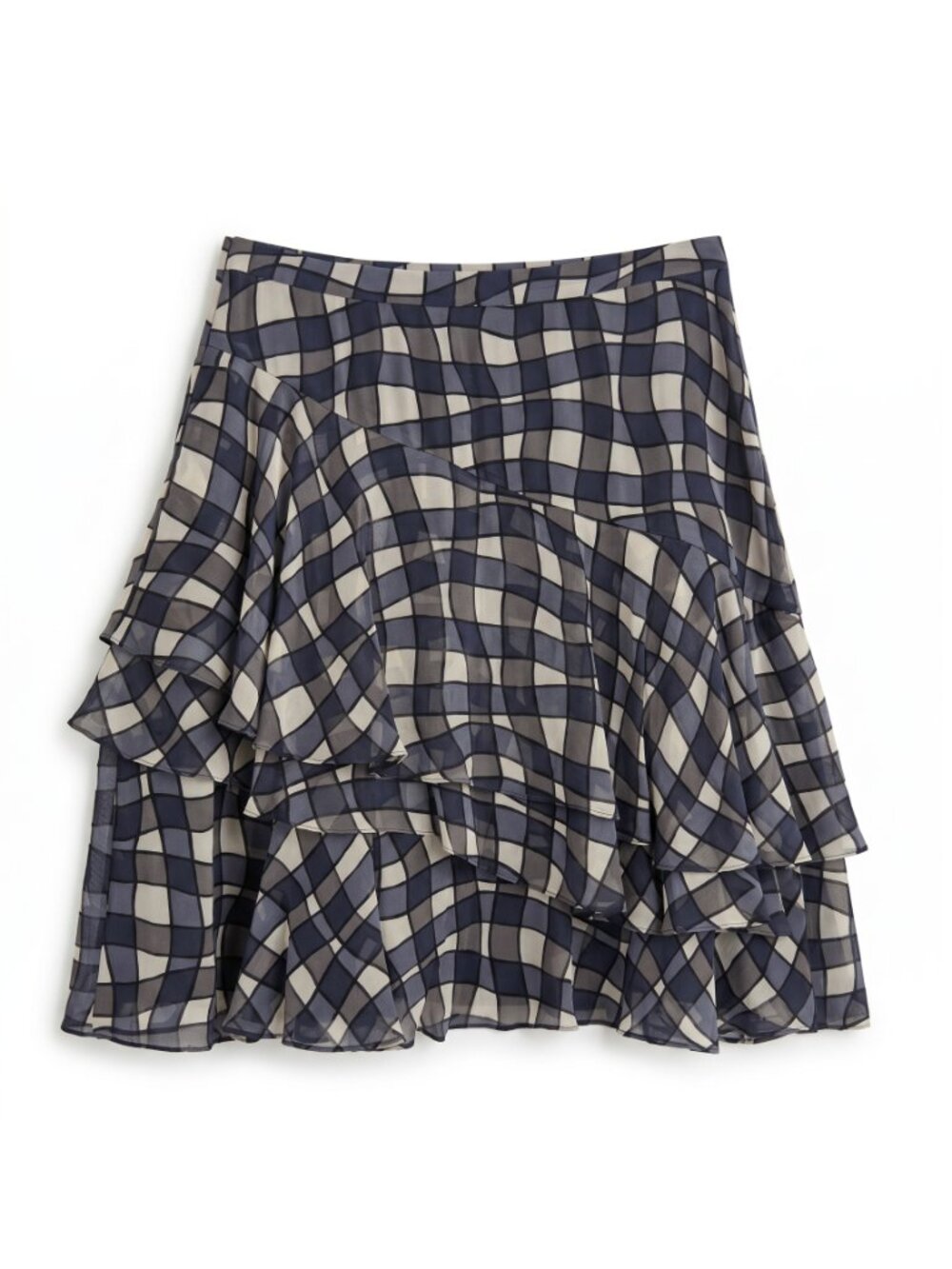 DKNY Silk Ruffle Skirt Size 8 NWT Black Cream Plaid